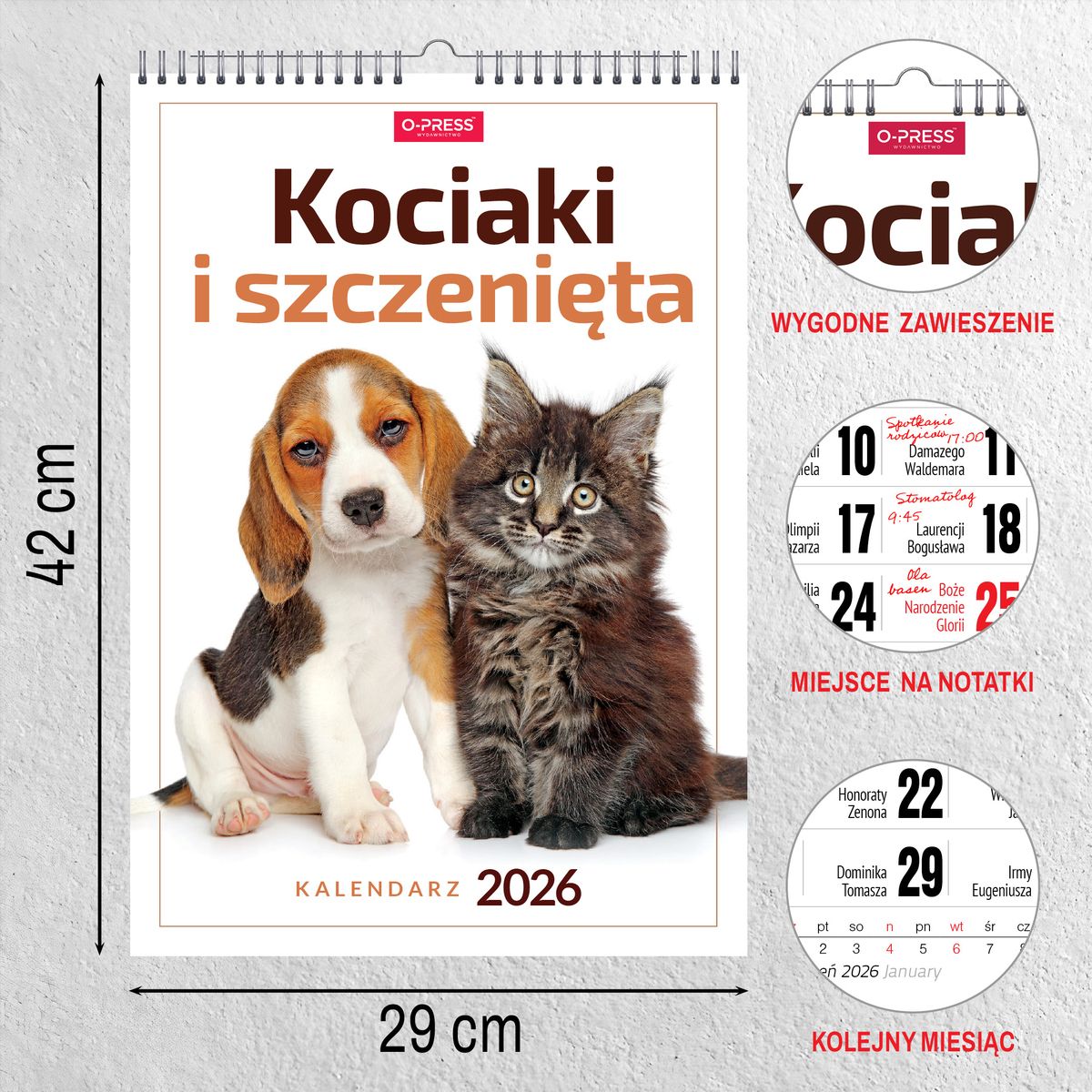 Kalendarz ścienny (401000) k:2915-377 16  stron wieloplanszowy A3 Press (kociaki i szczeniaki)
