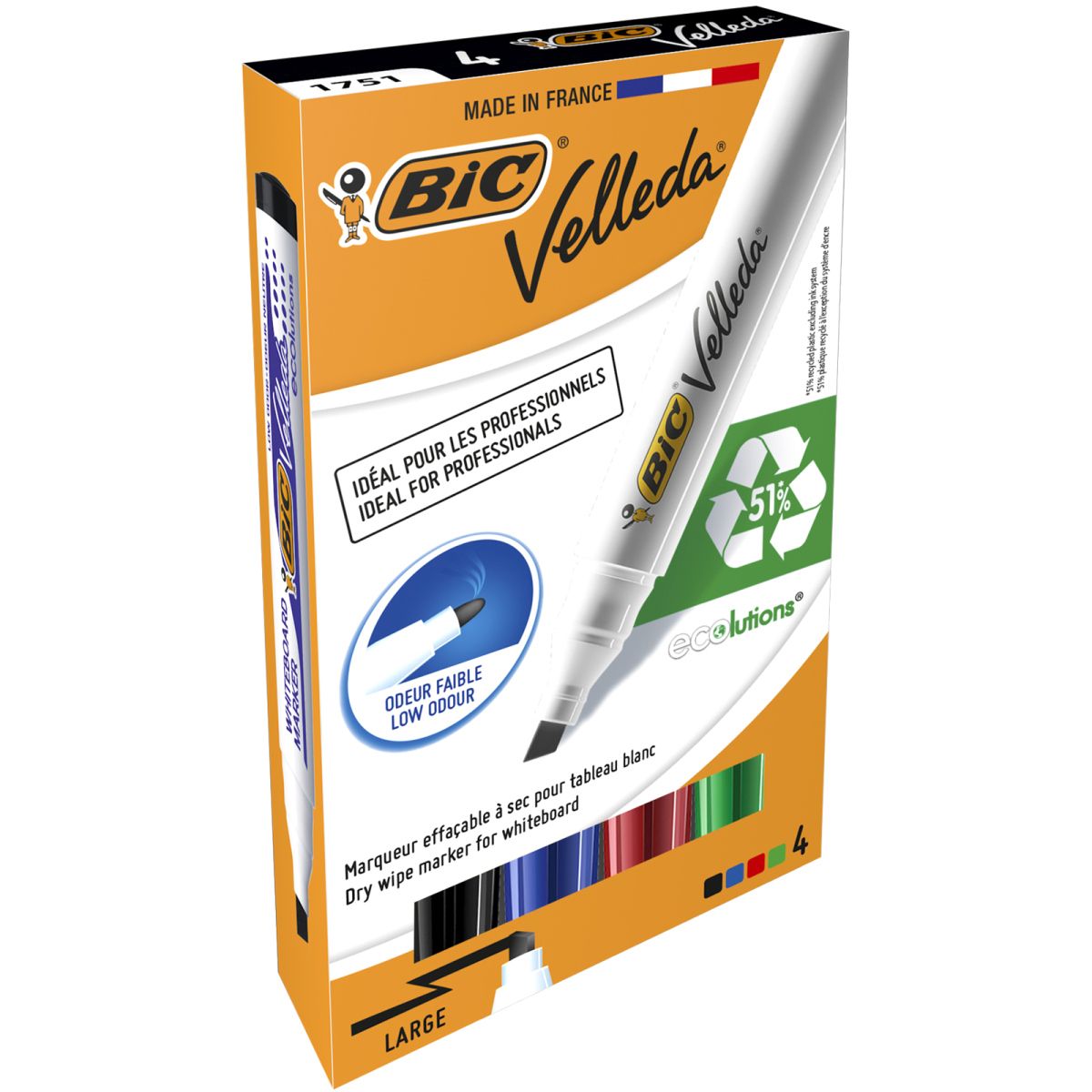 Marker suchościeralny Bic Velleda Ecolutions 1751 komplet 4 szt, mix 3,7-5,5mm ścięta końcówka (904950)