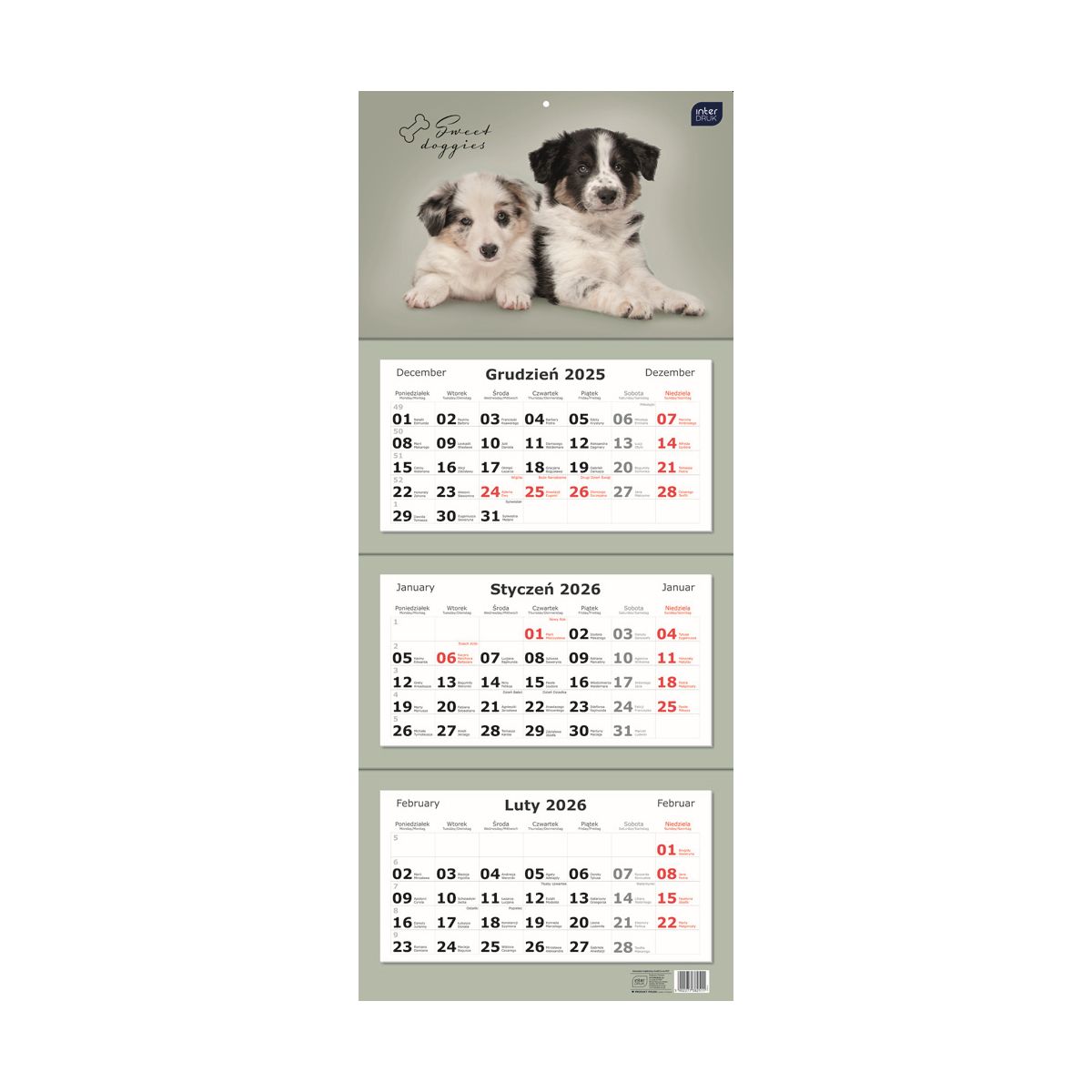 Kalendarz ścienny TRÓJDZIELNY 825mm x 340mm Interdruk (PSY)