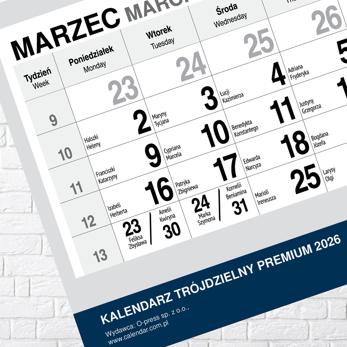 Kalendarz ścienny PREMIUM trójdzielny A4 Press (PIES)