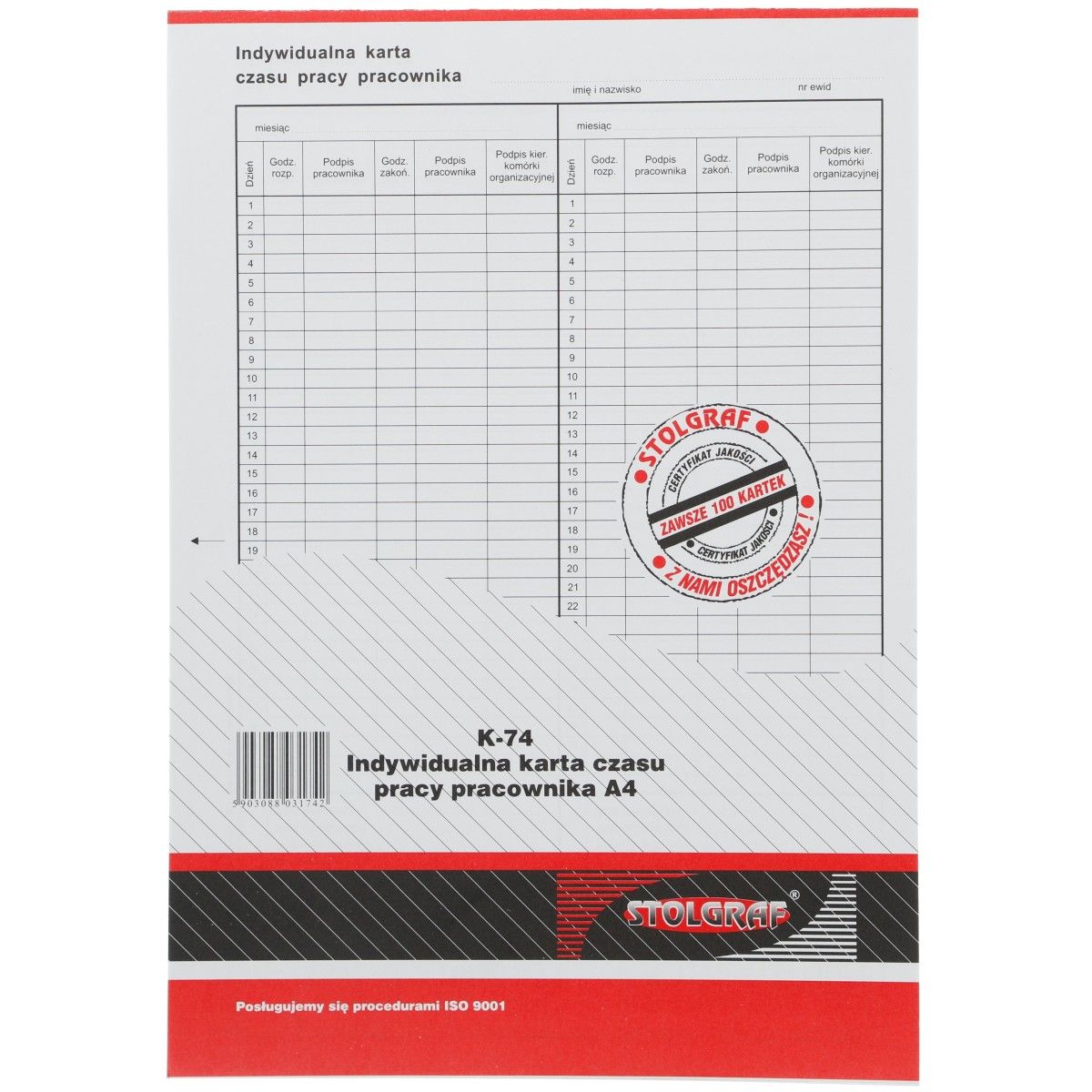 Druk offsetowy indywidualna karta czasu pracy pracownika A4 Stolgraf (K74)