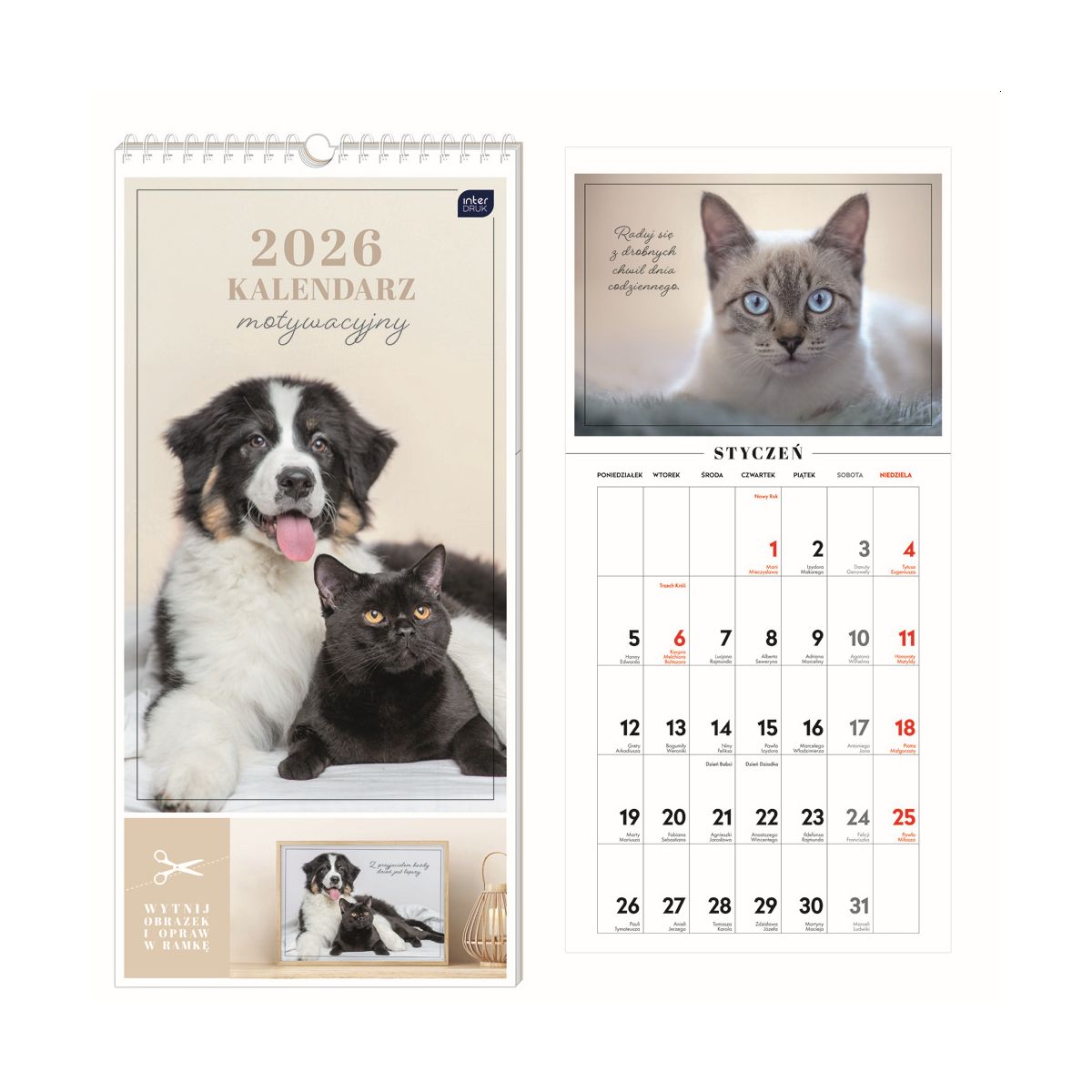 Kalendarz ścienny motywujący 220mm x 460mm Interdruk (ZWIERZAKI)