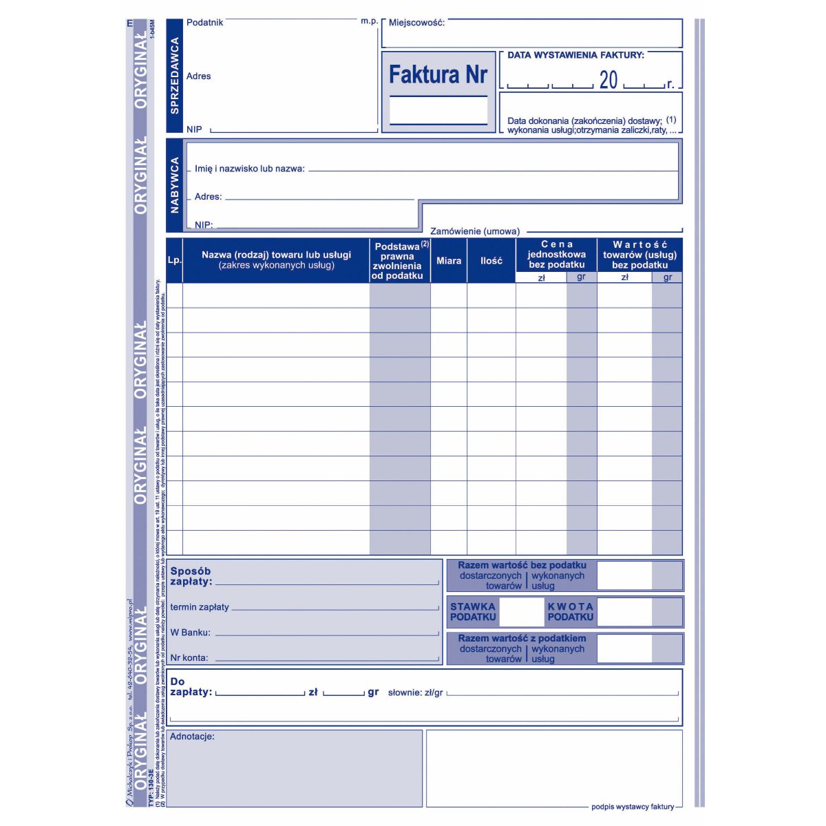 Druk offsetowy Faktura VAT pion A5 (z jedną stawką podatku) A5 80k. Michalczyk i Prokop (130-3E)