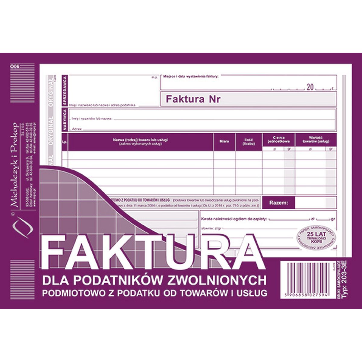 Druk offsetowy Michalczyk i Prokop Faktura dla podatników zwolnionych z podatku VAT A5 80k. (203-3E)