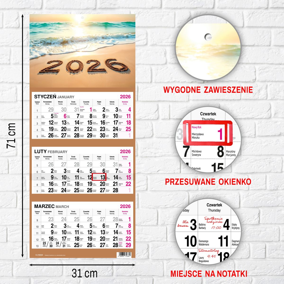 Kalendarz ścienny (401000) k:2915-377 PLAŻA 310mm x 790mm Press