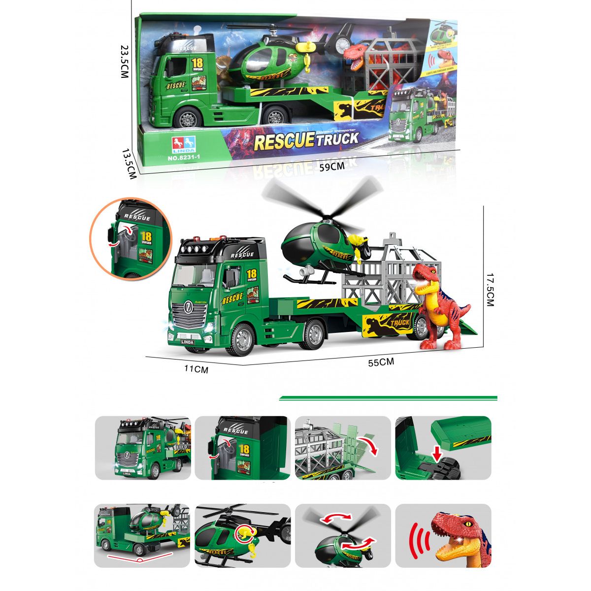 Laweta Lean z helikopterem i dinozaurem (23119)