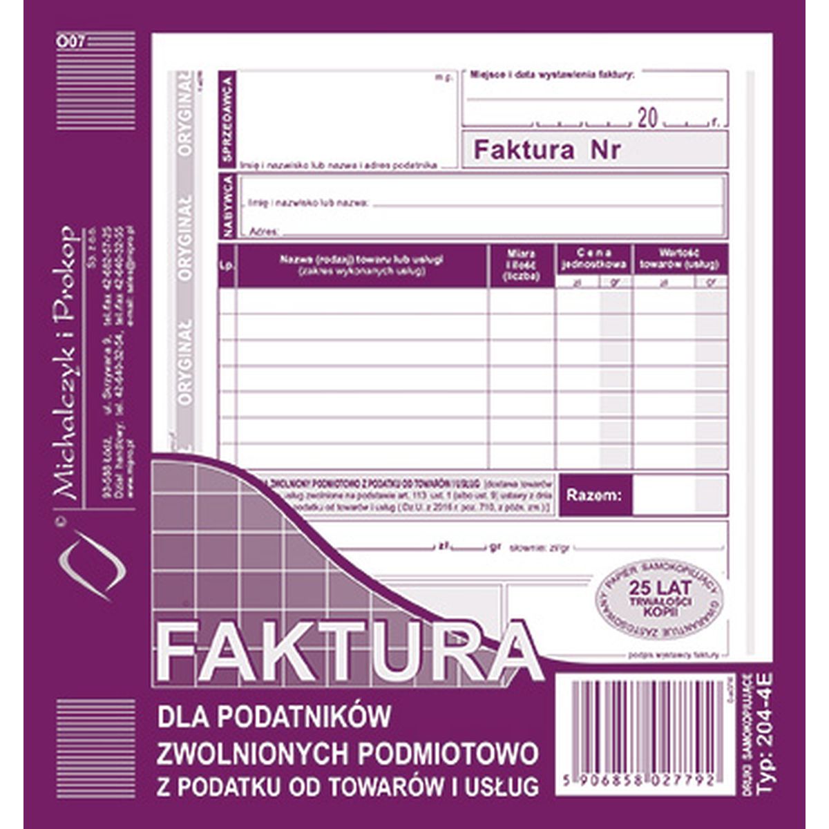 Druk offsetowy Faktura dla podatników zwolnionych podmiotowo z podatku VAT 2/3 A5 80k. Michalczyk i Prokop (204-4E)