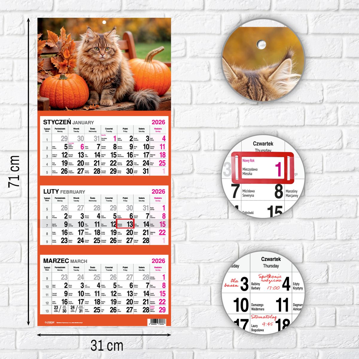 Kalendarz ścienny KOT 310mm x 790mm Press