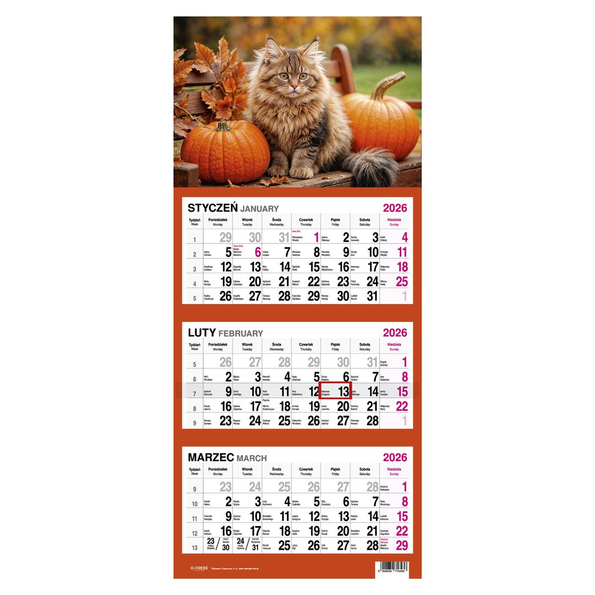 Kalendarz ścienny KOT 310mm x 790mm Press