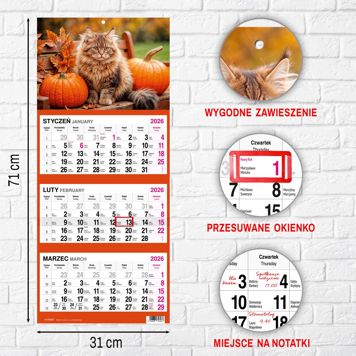 Kalendarz ścienny KOT 310mm x 790mm Press