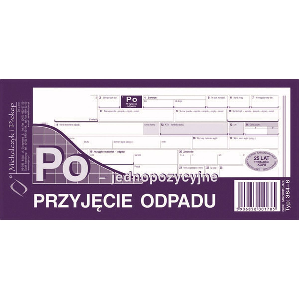 Druk samokopiujący Michalczyk i Prokop Przyjęcie odpadu jednopozycyjne 1/3 A4 80k. (384-8)