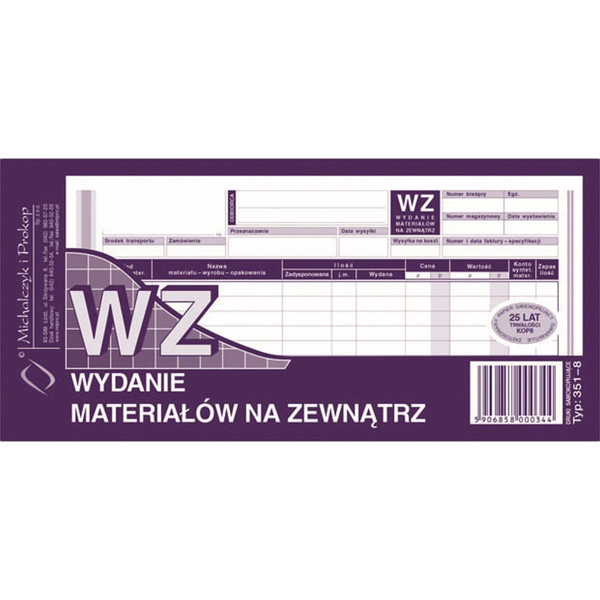 Druk samokopiujący Wydanie materiału na zewnątrz 1/3 A4 80k. Michalczyk i Prokop (351-8)