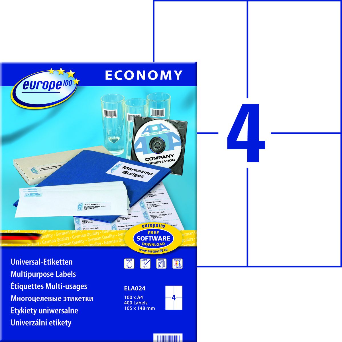 Etykieta samoprzylepna Avery Zweckform Economy Europe100 A4 biały [mm:] 105x148,5 (ELA024)