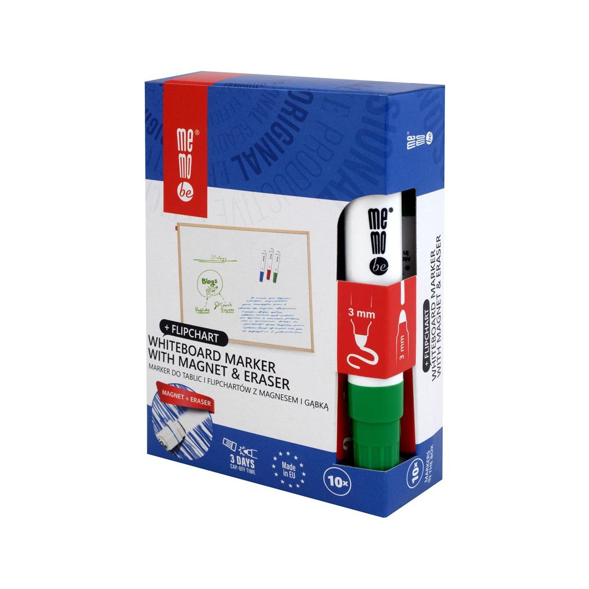 Marker suchościeralny Memobe z gąbką i  magnesem zielony zielony 1-3mm okrągła końcówka (MM351-04)