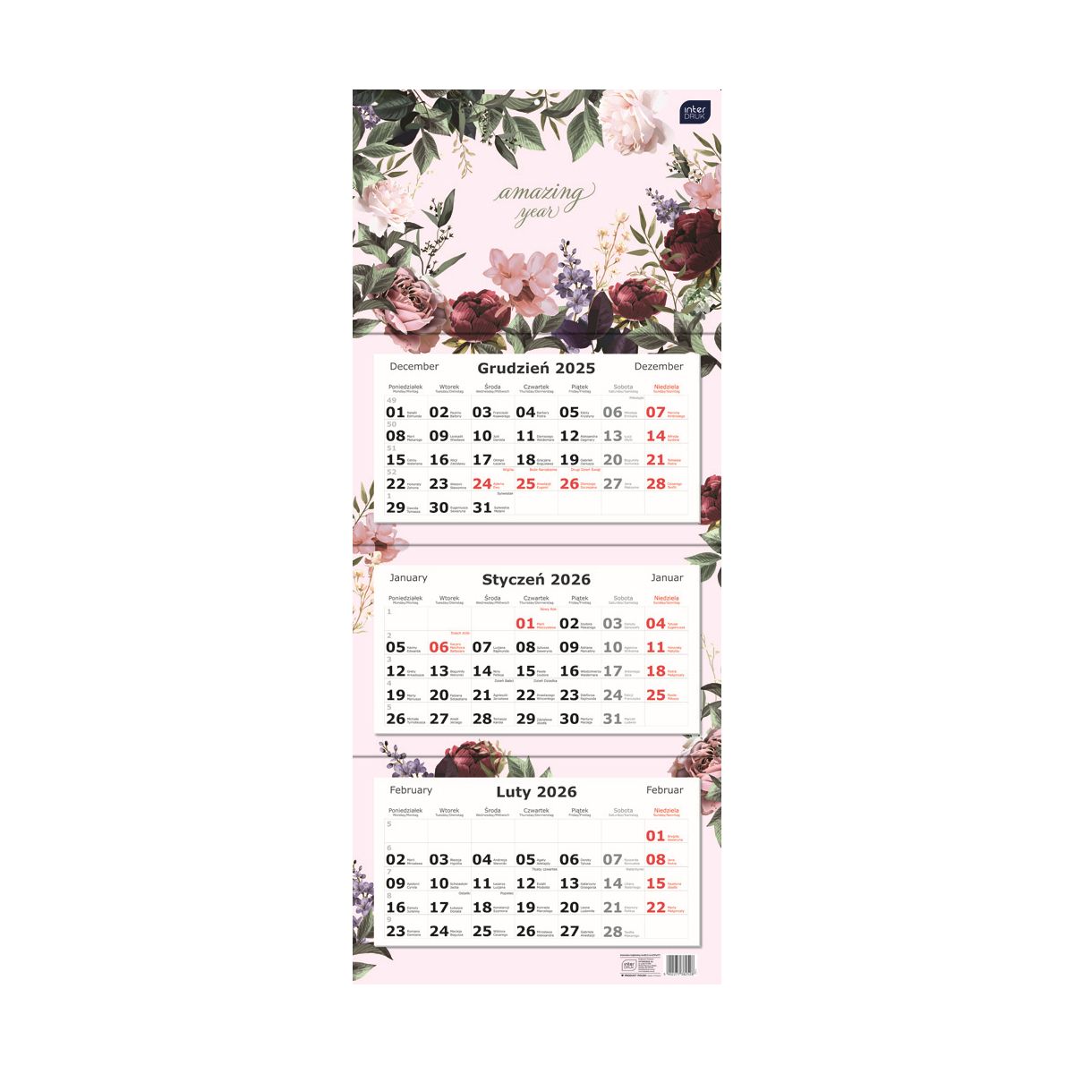 Kalendarz ścienny TRÓJDZIELNY 825mm x 340mm Interdruk (KWIATY)