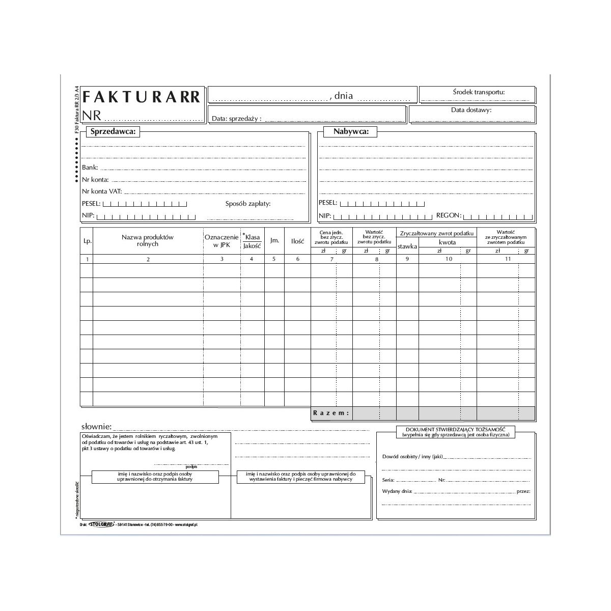 Druk offsetowy Faktura VAT RR 2/3 A4 Stolgraf