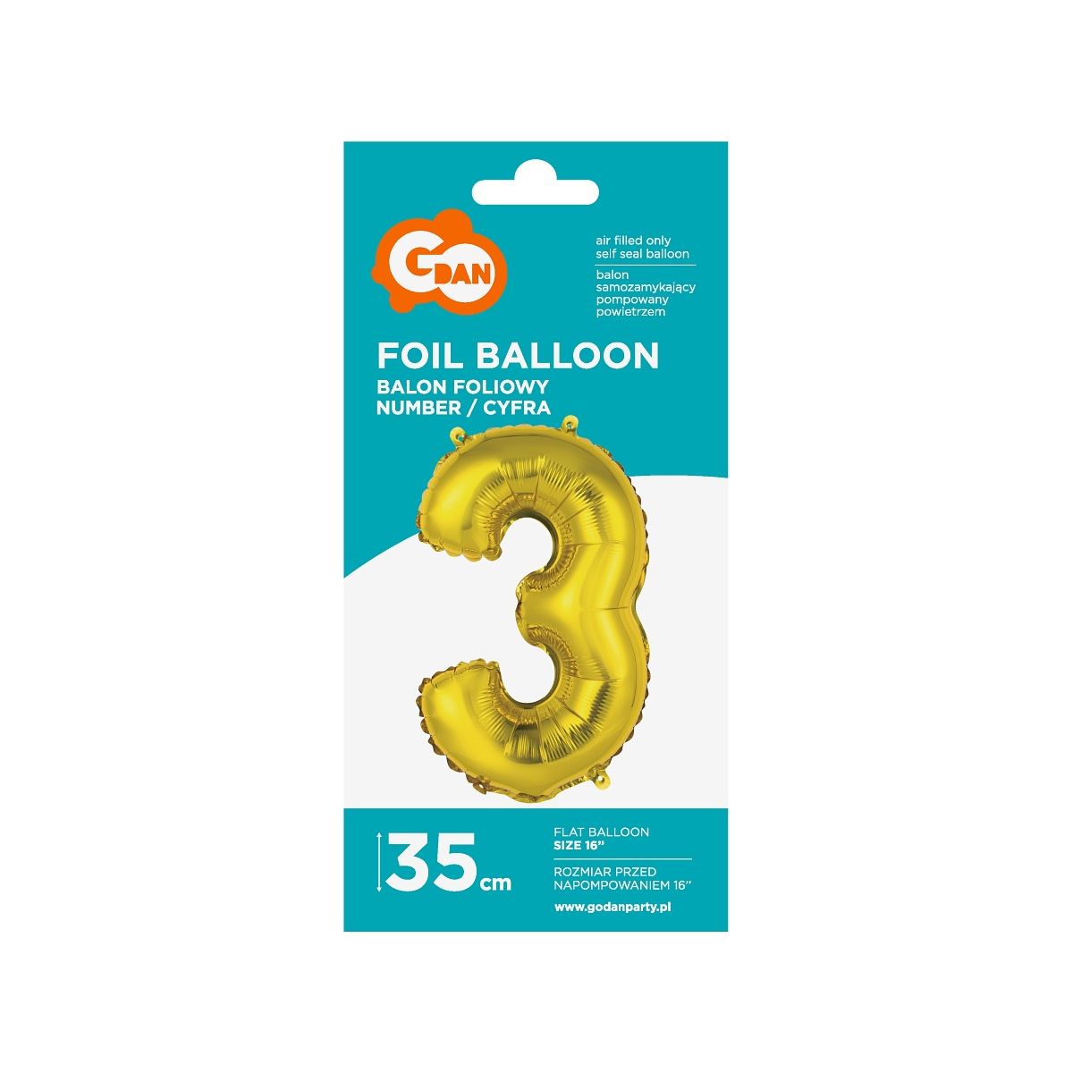 Balon foliowy Godan cyfra 3 złoty 35 cm (FG-C35Z3)