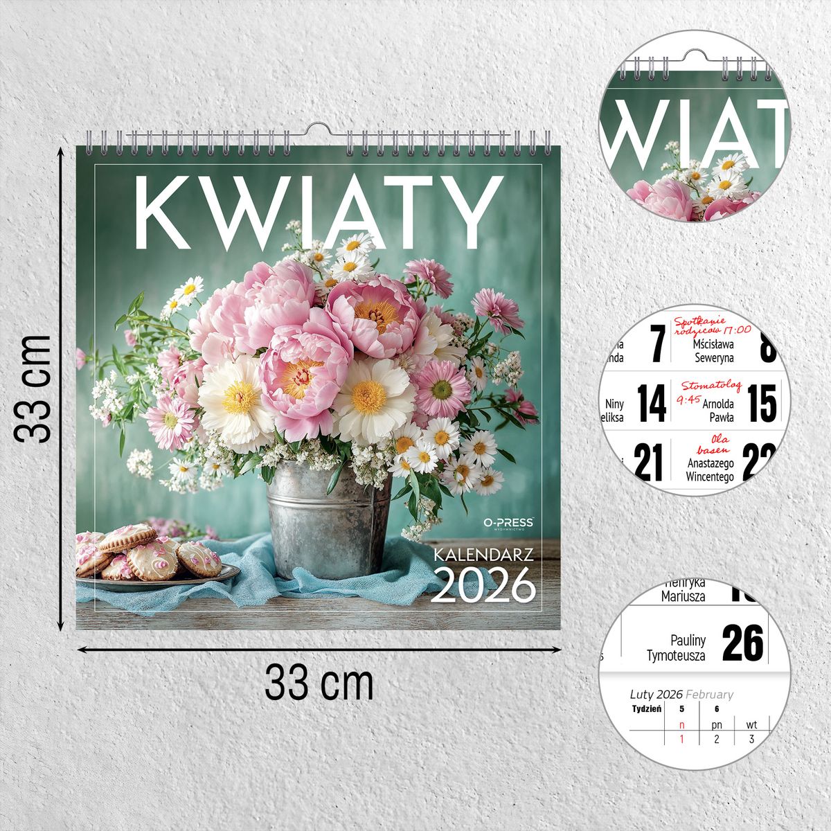 Kalendarz ścienny WIELOPLANSZOWY KWADRAT KWIATY 330mm x 330mm Press (16K)
