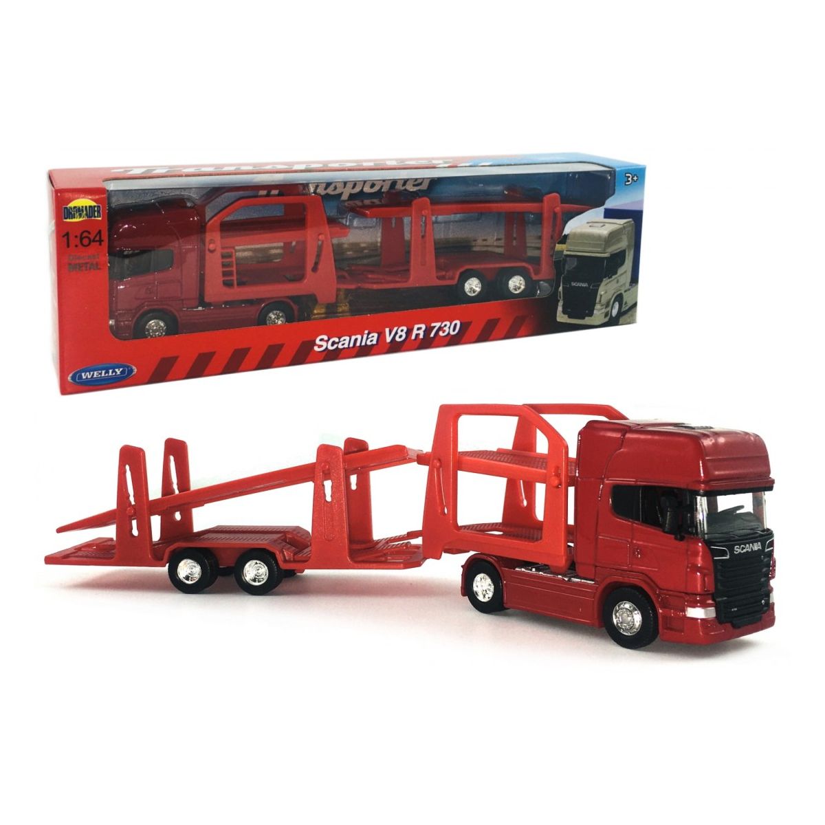 Ciężarówka Dromader Welly Scania V8 R730 CZERWONA LAWETA (68023)