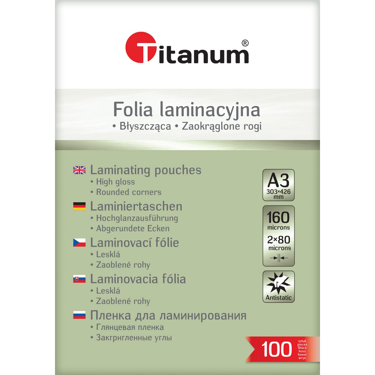 Folia do laminowania Titanum A3 przezroczysty 80mic. [mm:] 303x426