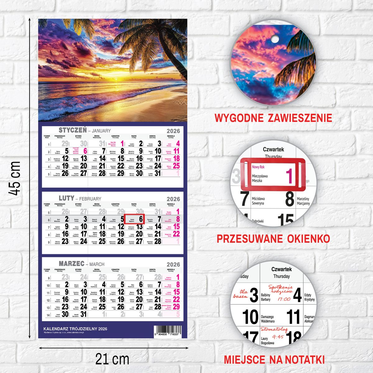 Kalendarz ścienny PLAŻA A4 210mm x 450mm Press