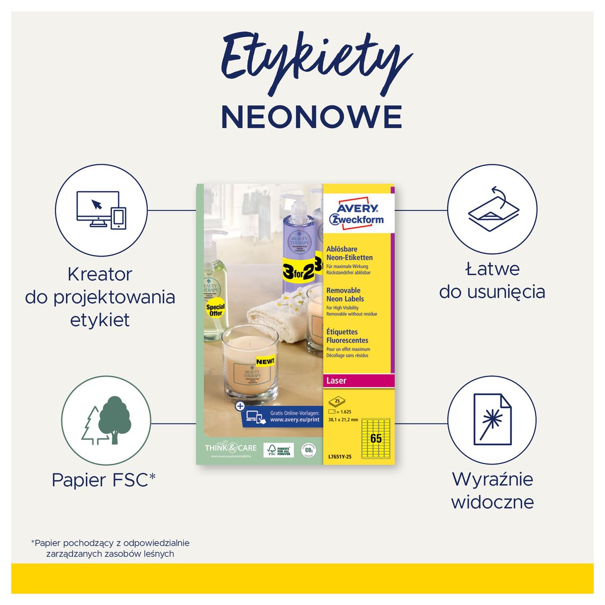 Etykieta samoprzylepna Avery Zweckform A4 żółty [mm:] 63,5x29,6 (6004)