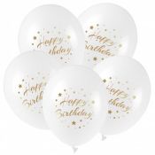 Balon gumowy ze złotym nadrukiem Happy Birthday (5 szt.) biały 300mm 12cal Arpex (KB2877)