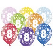 Balon gumowy Partydeco gumowy 8 urodziny, mix kolorów 30 cm/6 sztuk mix 300mm (SB14M-008-000-6)