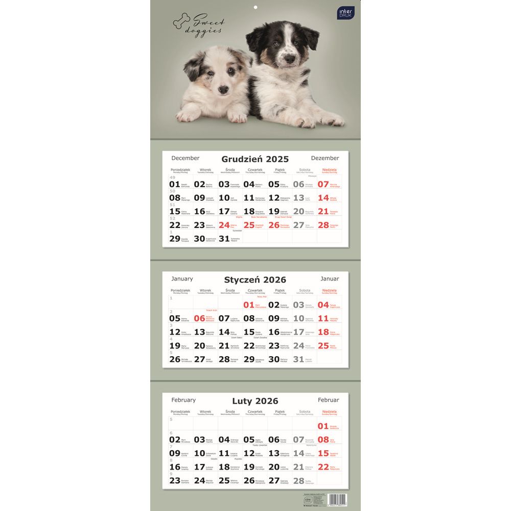 Kalendarz ścienny TRÓJDZIELNY 825mm x 340mm Interdruk (PSY)