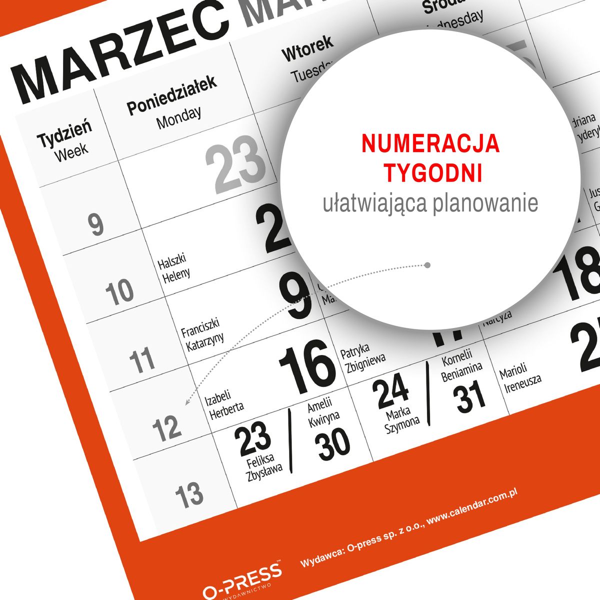 Kalendarz ścienny KOT 310mm x 790mm Press