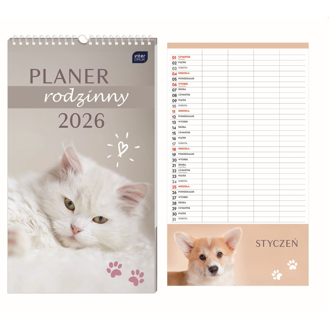Kalendarz ścienny PLANER RODZINNY 250mm x 430mm Interdruk (Zwierzaki)
