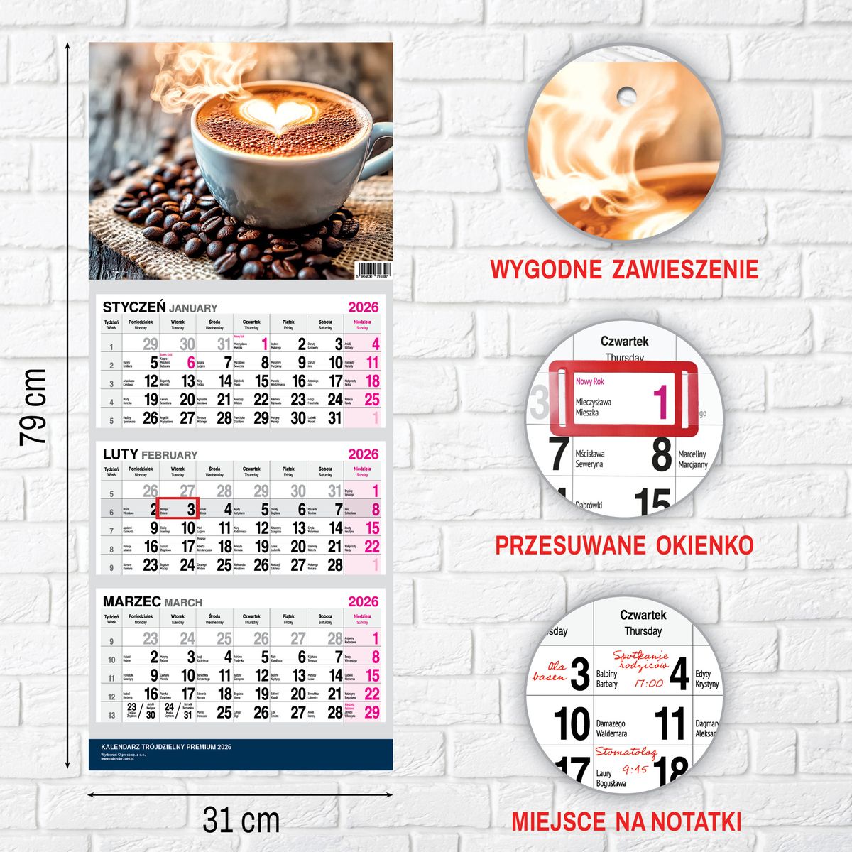 Kalendarz ścienny PREMIUM trójdzielny A4 Press (KAWA)