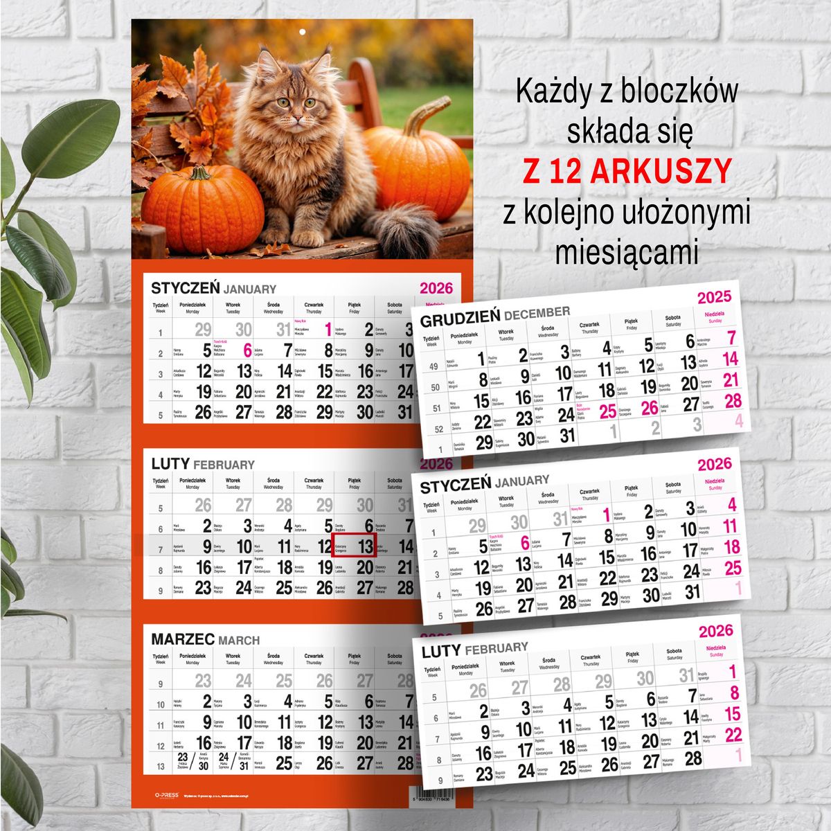 Kalendarz ścienny KOT 310mm x 790mm Press
