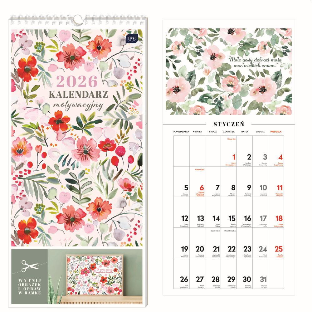 Kalendarz ścienny motywujący 220mm x 460mm Interdruk (KWIATY)