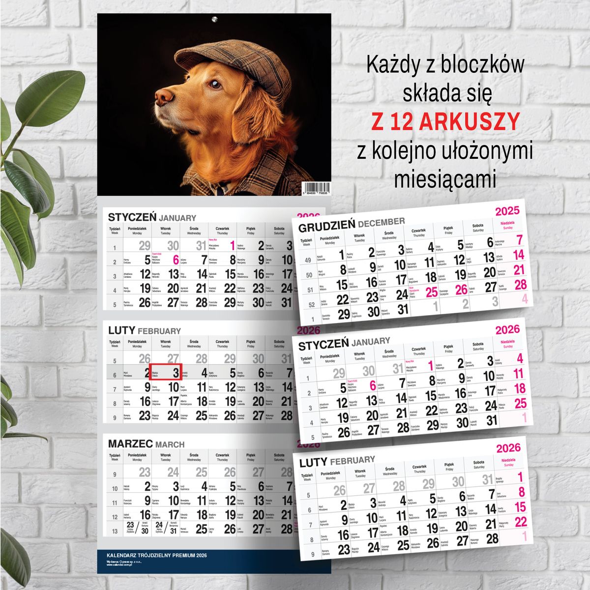 Kalendarz ścienny PREMIUM trójdzielny A4 Press (PIES)